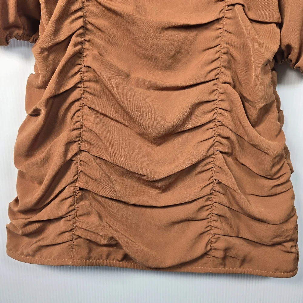 NWT Abercrombie & Fitch Womwn's Ruched Mini Dress Puff Elbow Sleeve Cognac SizeS - Picture 8 of 14